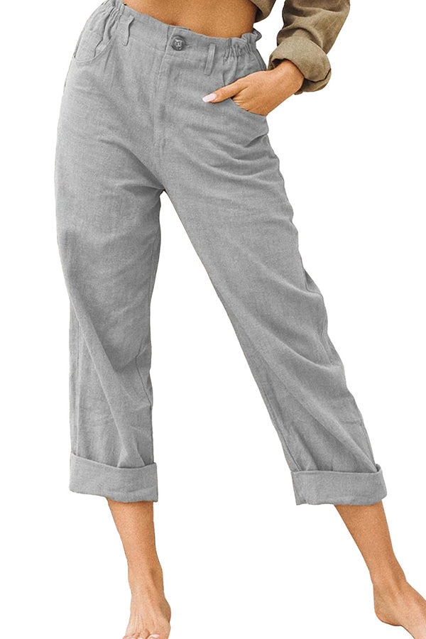 Pantalones casuales de cintura alta holgados de moda de algodón y lino de color sólido