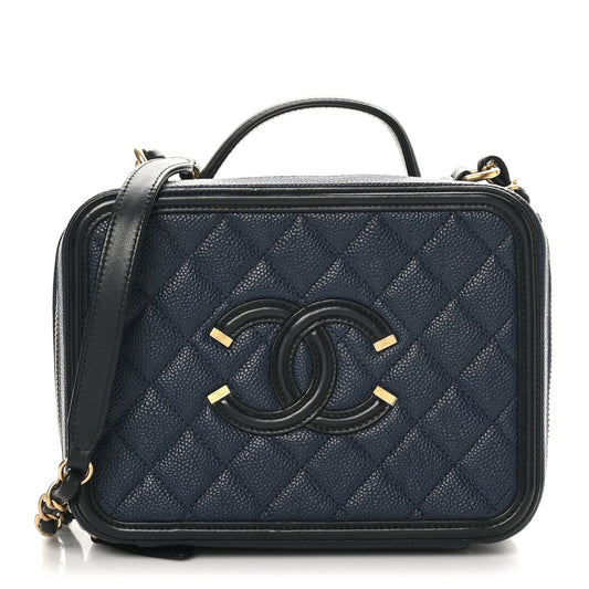 Caviar Quilted Medium CC Filigree Vanity Case Navy Black