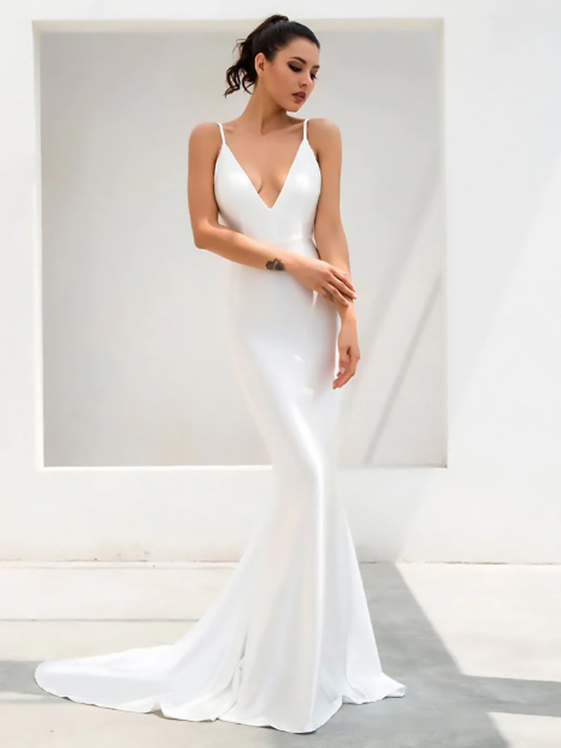 Prom Maxi Dresses White V-Neck Sleeveless Backless Semi Formal Dress