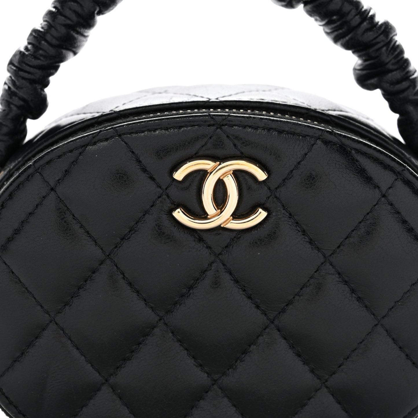Lambskin Quilted Ruched Top Handle Vanity Case Black