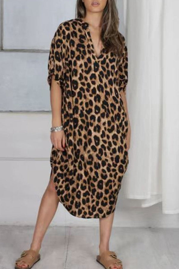Vestido casual con cuello en V y estampado de leopardo y patchwork