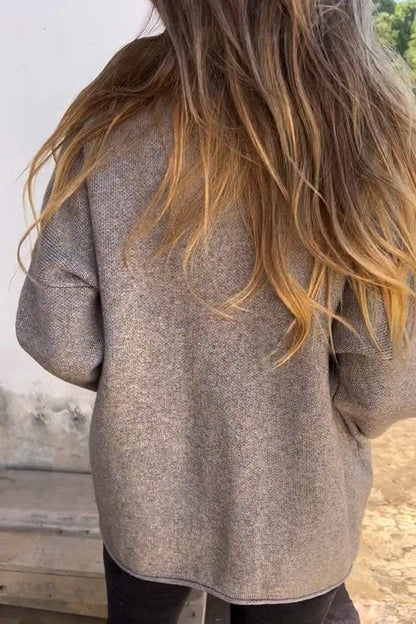 Chaqueta de punto informal de color liso con cuello redondo, manga larga y bolsillo con cremallera