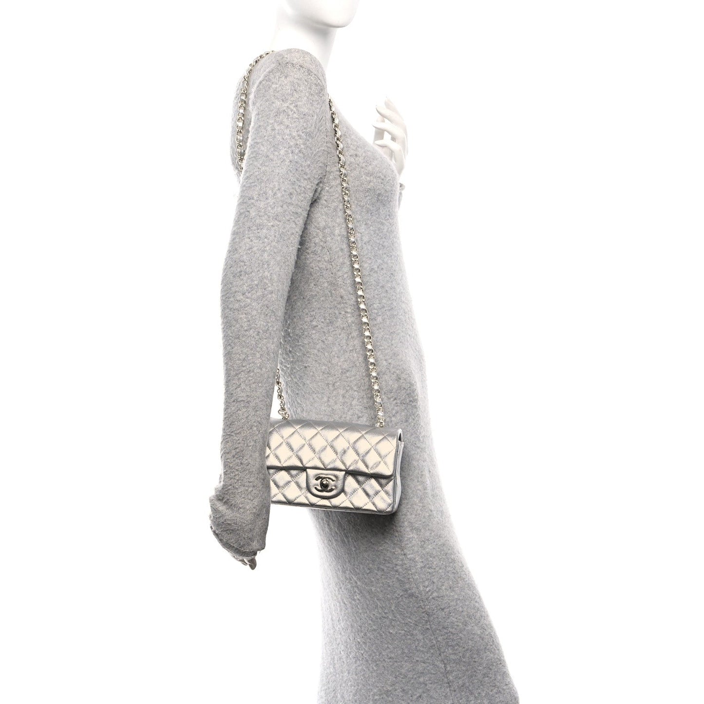 Metallic Lambskin Quilted Mini Rectangular Flap Silver