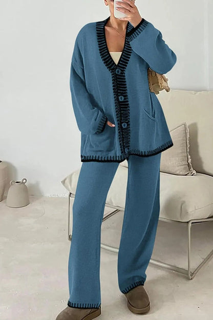 Conjunto de cárdigan informal de punto de manga larga con bolsillos y pantalones anchos y holgados con cintura elástica.