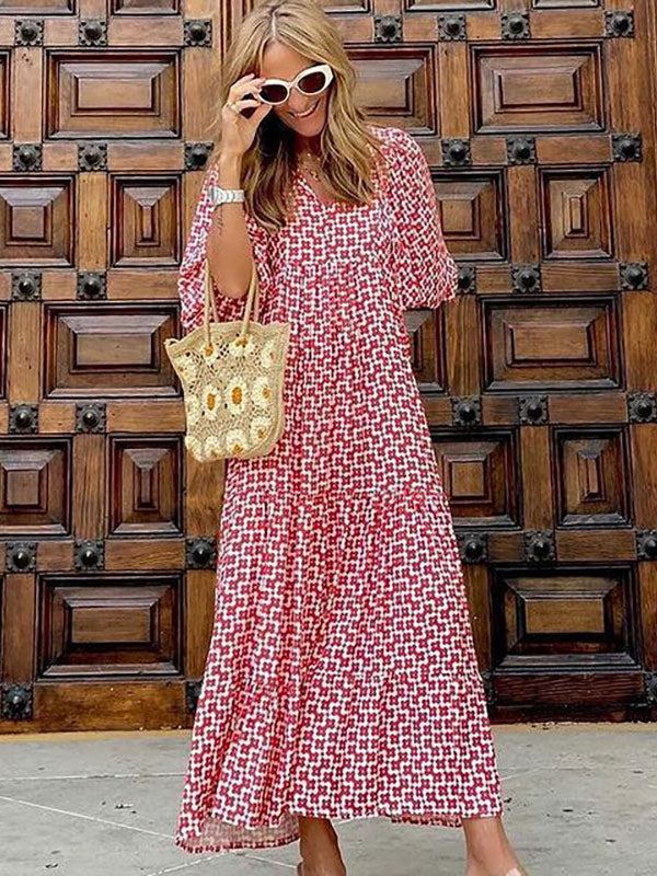 Jewel Neck Maxi Dress 3/4 Length Sleeves Casual Floral Print Long Dress