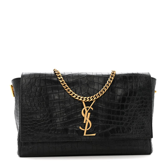 Calfskin Crocodile Embossed Suede Medium Reversible Monogram Kate Satchel Military Taupe