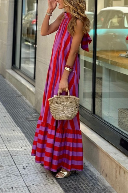 Vestido largo informal de rayas rojas, suelto, sin espalda