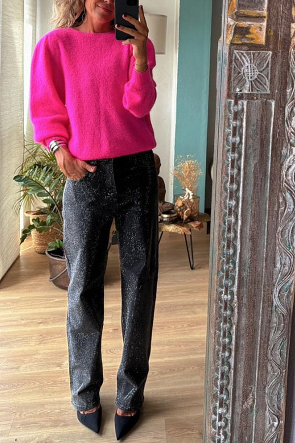 Suéter holgado de cuello ancho de color liso de punto para un día de invierno brillante