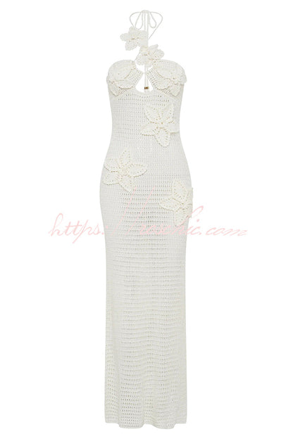 Call It Chic Knit Floral Crochet Halter Fishtail Hem Maxi Dress