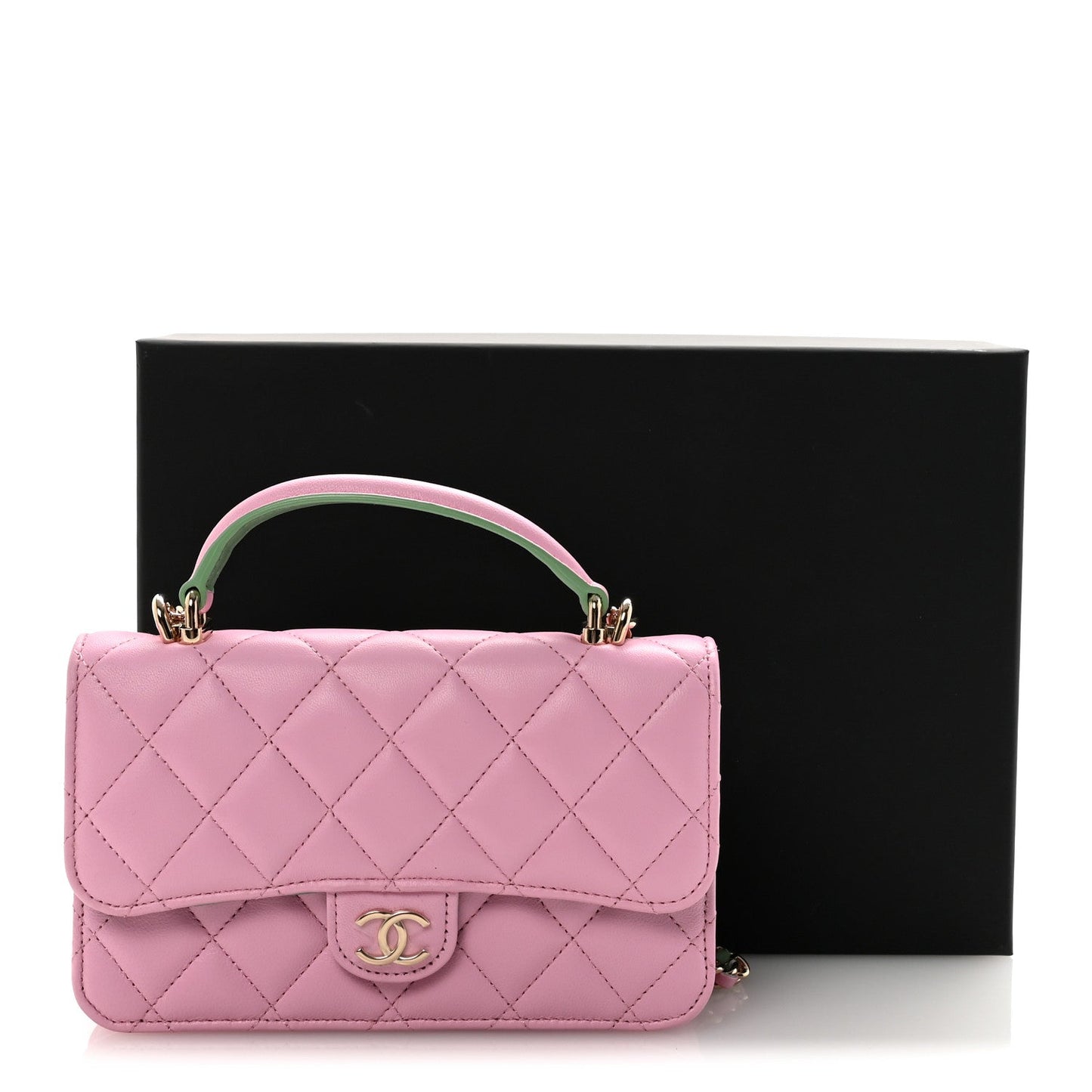 Lambskin Quilted Flap Phone Holder With Chain Lilac Light Green