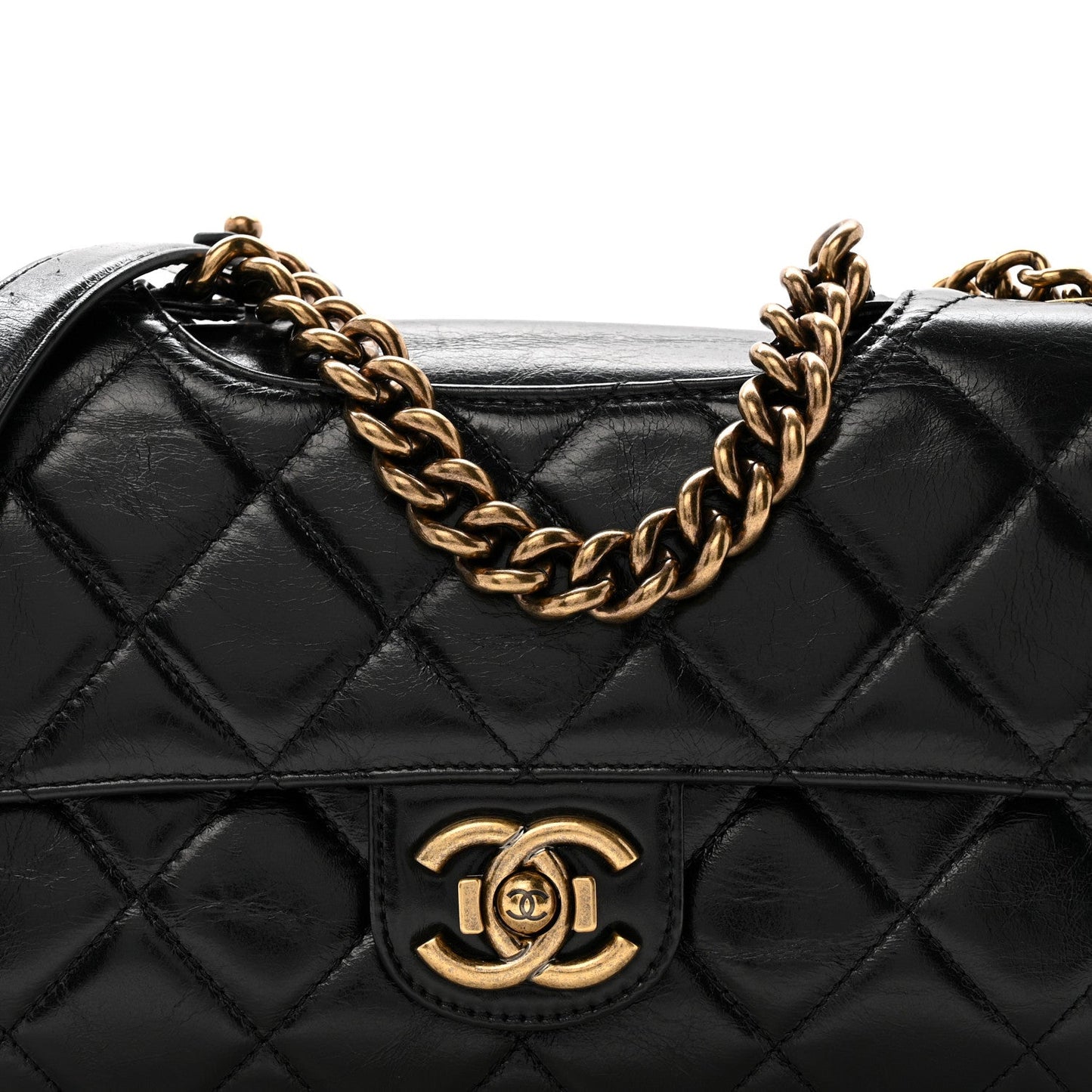 Glazed Calfskin Quilted Medium Perfect Edge Flap Black