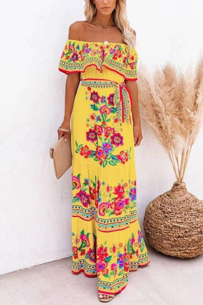 Vestido largo estampado con hombros descubiertos