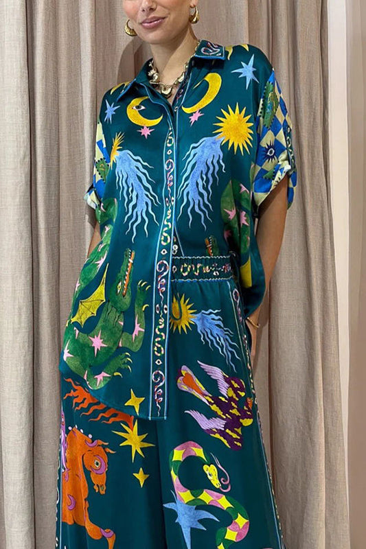 Blusa extragrande con botones y estampado único de mezcla de lino con estilo playero