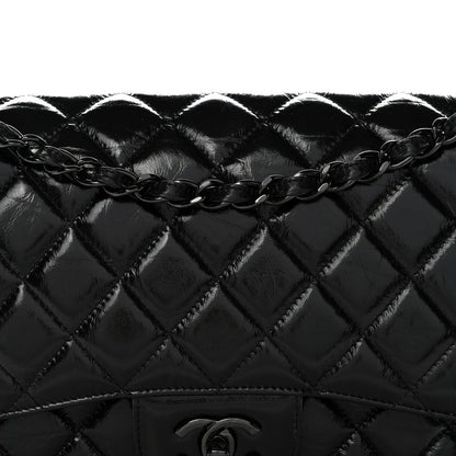 Shiny Distressed Calfskin Quilted Jumbo Double Flap So Black