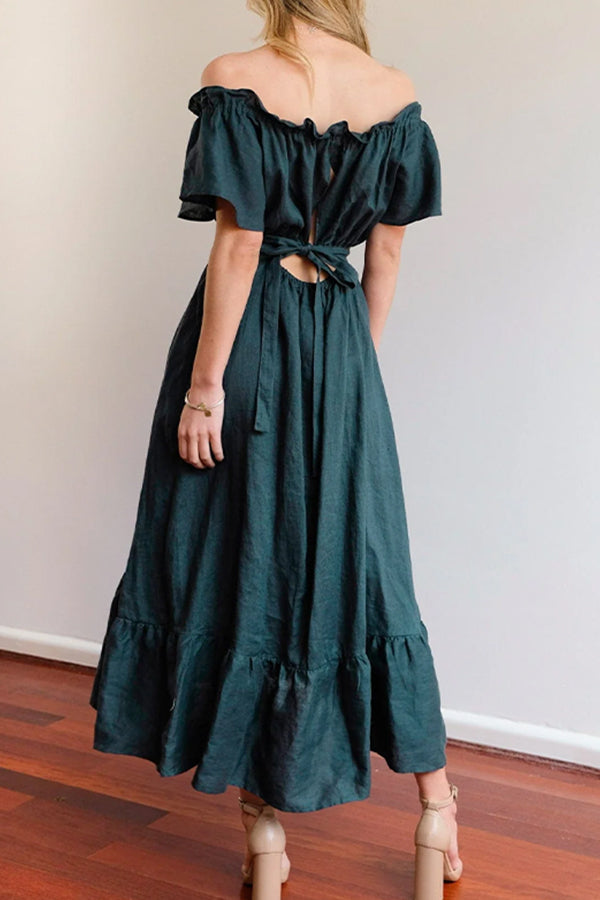 VESTIDO MIDI CON HOMBROS DESCUBIERTOS Y BORDES CON VOLANTES