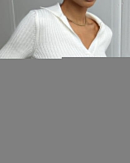 Polo Collar Knitted Ribbed Sweater