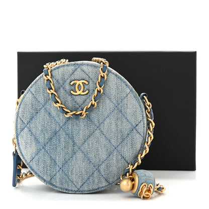 Denim Quilted Round Pearl Crush Clutch With Chain Blue