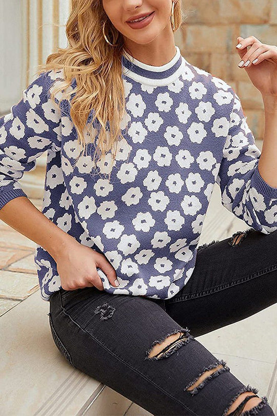 Suéter de punto con estampado floral y cuello alto, suéter ligero con bloques de color