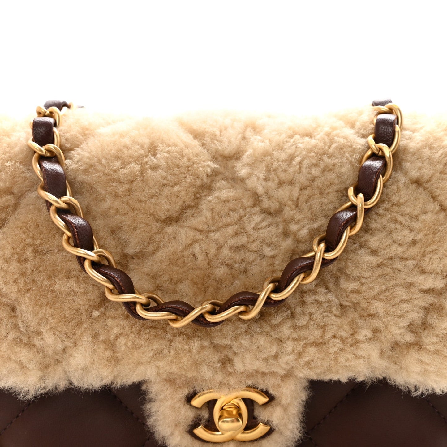 Shearling Lambskin Quilted Mini Furry Coco Flap Beige Dark Brown