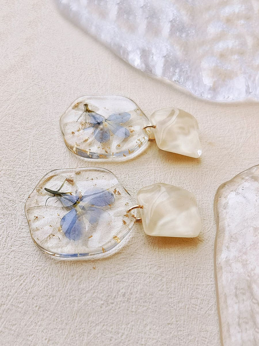 Pendientes de flores prensadas - Epoxy Vintage Azul Romántico 