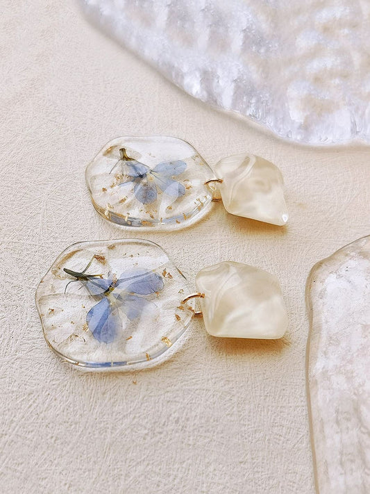 Pendientes de flores prensadas - Epoxy Vintage Azul Romántico 