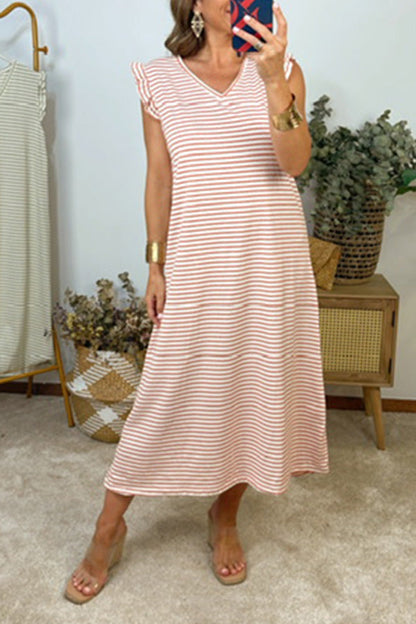 Vestido informal con cuello en V y mangas abullonadas a rayas