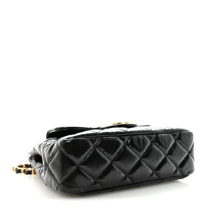 Shiny Crumpled Calfskin Quilted Small Wavy CC Hobo Black
