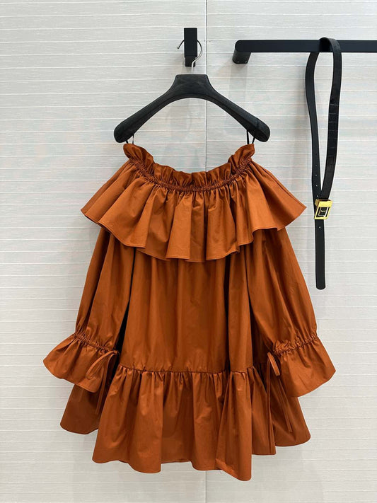 YSL One-shoulder Drawstring Puff Sleeve Dress Caramel Cotton