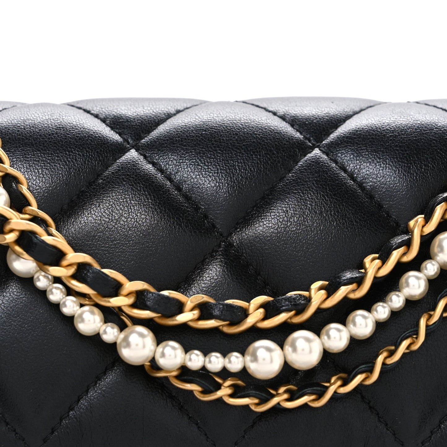 Shiny Lambskin Quilted Pearl Twist Mini Square Flap Black