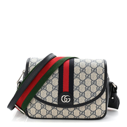 GG Supreme Monogram Textured Dollar Calfskin Web Studded Mini Ophidia Flap Shoulder Bag Beige Blue