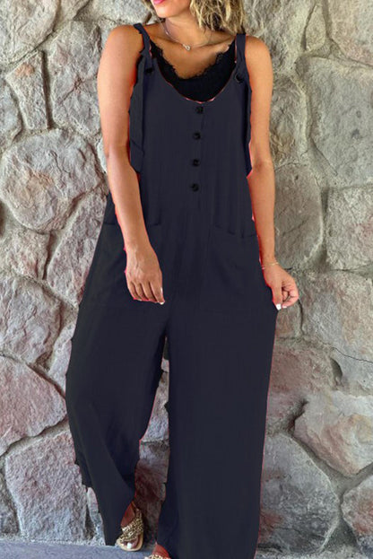 Mono Cassie de pierna ancha con tirantes y bolsillo de parche con botones