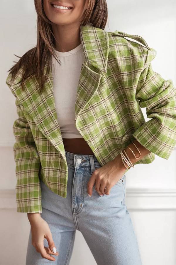 Chaqueta con estampado de cuadros y cuello vuelto para mujer, otoño/invierno