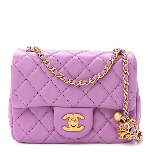 Lambskin Quilted Mini Pearl Crush Flap Purple