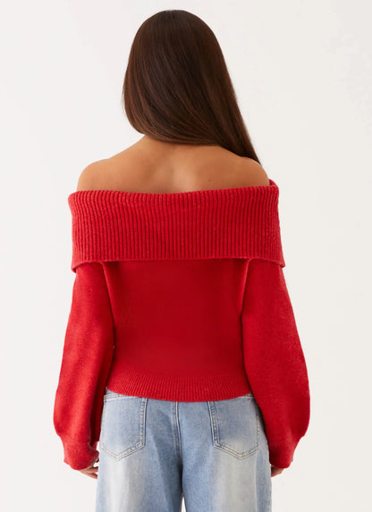 Bardot Knit Long Sleeve Top - Cherry