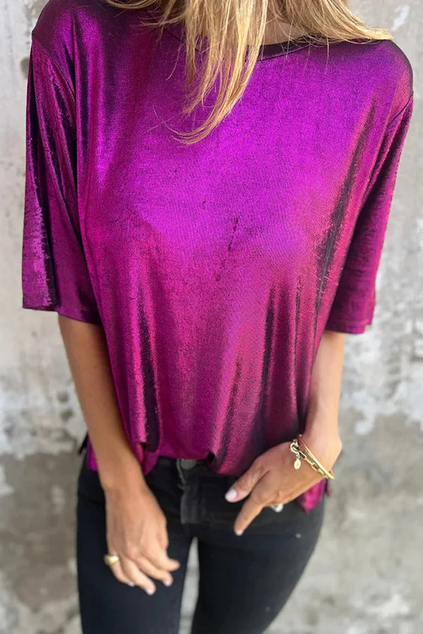Camiseta holgada de manga corta con cuello redondo y color sólido metalizado