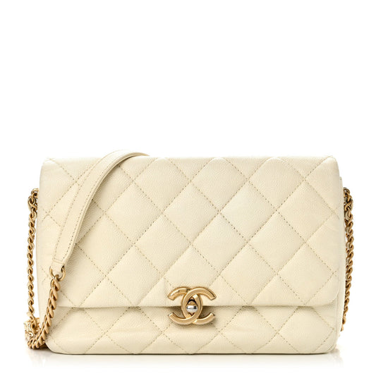 Shiny Caviar Quilted Small Chain Melody Flap White