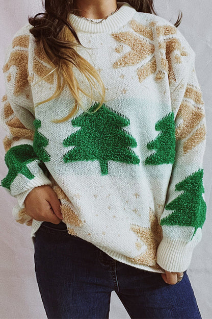 Suéter de punto de cuello redondo y manga larga con estampado navideño