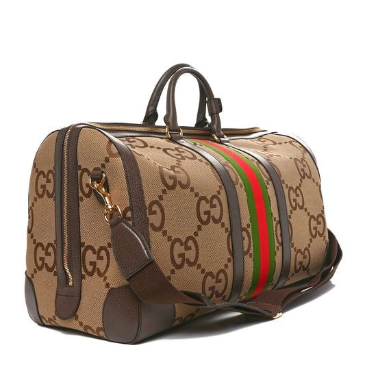 Monogram Jumbo GG Textured Dollar Calfskin Web Large Duffle Bag Camel Ebony