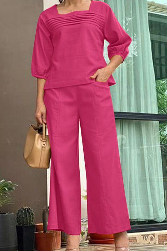 Conjunto de pantalón y blusa ancha de manga larga de color liso holgado 