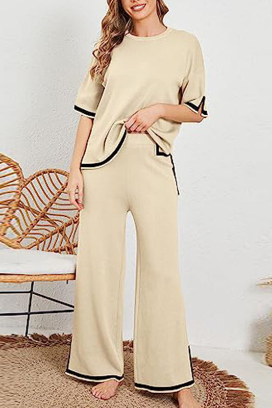 Blusa de manga corta con bloques de color y pantalones anchos elásticos de punto con patchwork o ropa informal