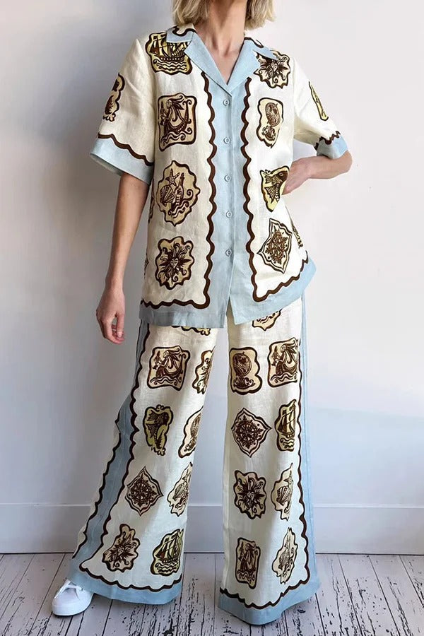 Pantalones anchos con bolsillo y cintura elástica con estampado único de mezcla de lino Lakeside Breeze