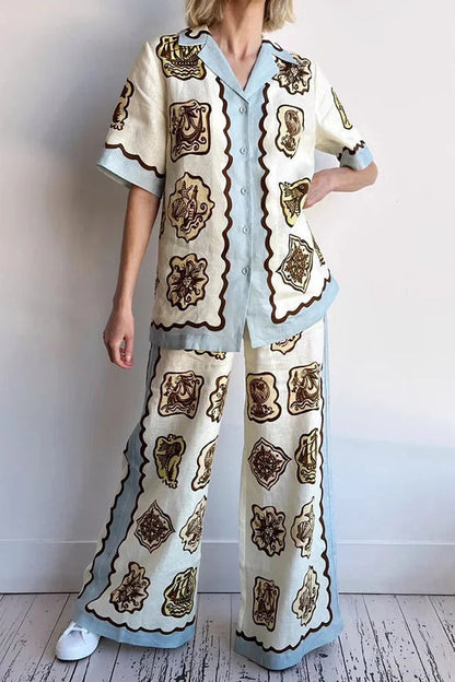 Pantalones anchos con bolsillo y cintura elástica con estampado único de mezcla de lino Lakeside Breeze