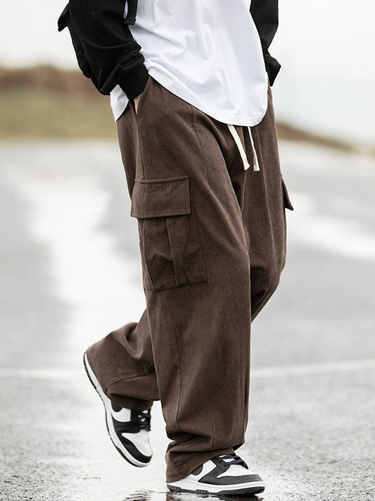Brown Vintage Men's Corduroy Flap Pocket Lace Up Cargo Pants