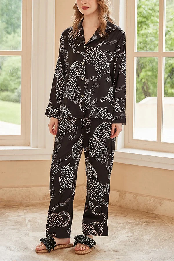 Conjunto de dos piezas de manga larga para casa con estampado de jaguar negro