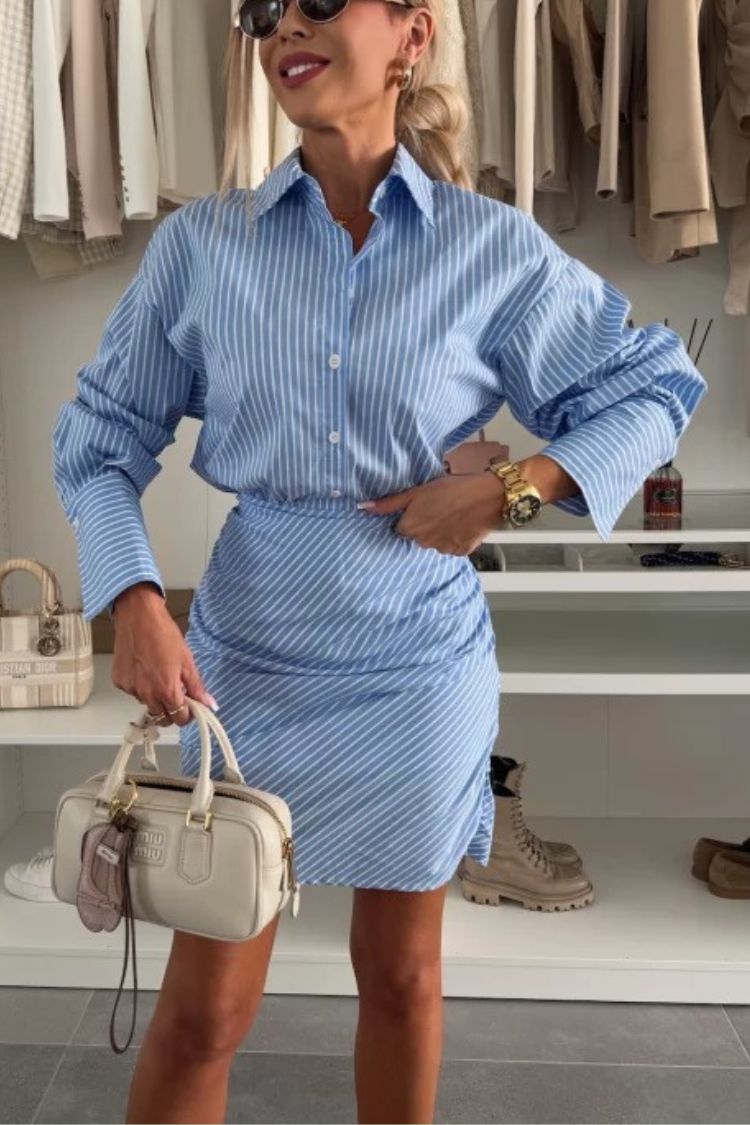 Vestido mini con camisa fruncida y botones a rayas para Cruising Weekend