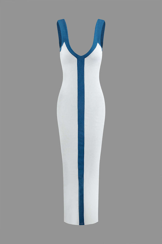 Colorblock Vintage V Neck Knit Slim Split Maxi Dress