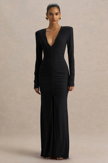 Jewel | Black Plunge-Neck Maxi Dress With Front Split and Ruched Detailing