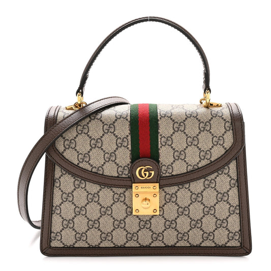 GG Supreme Monogram Textured Dollar Calfskin Web Small Ophidia Padlock Top Handle Bag Beige Ebony New Acero