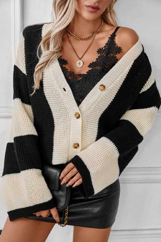 Suéter tipo cárdigan de rayas contrastantes para mujer, camisa informal holgada de punto para otoño e invierno. 