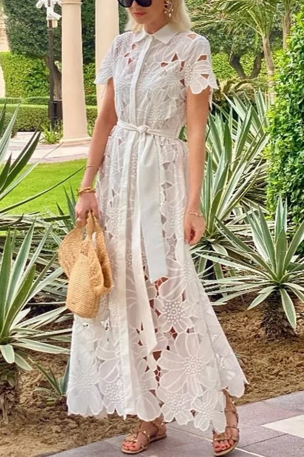 Vestido camisero largo de manga corta con lazo y encaje de crochet floral estilo Dubái